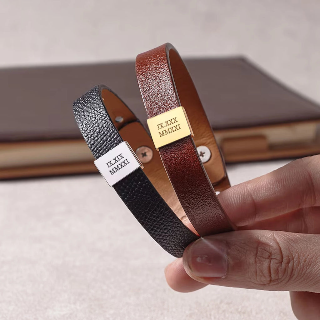 Custom Men Bracelet Black Leather Personalized Bracelet For Dad Engraved Man Bracelet For Him Christmas Boyfriend Birthday Gift