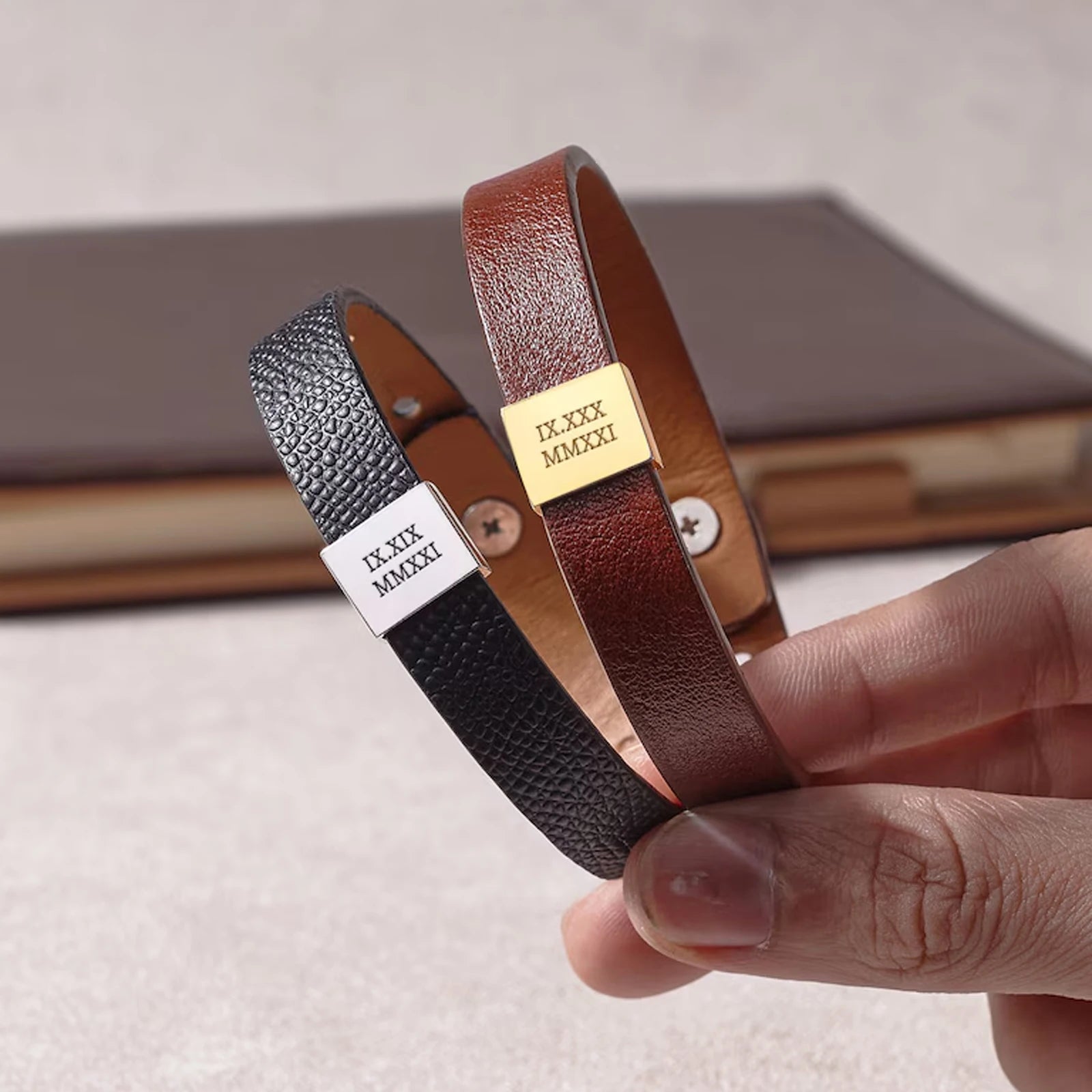 Custom Men Bracelet Black Leather Personalized Bracelet For Dad Engraved Man Bracelet For Him Christmas Boyfriend Birthday Gift